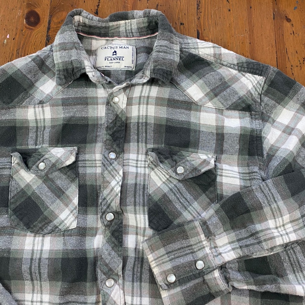 Cactus Man Men L Green Gray Plaid Flannel Western Snap Pearl Button Shirt Cotton